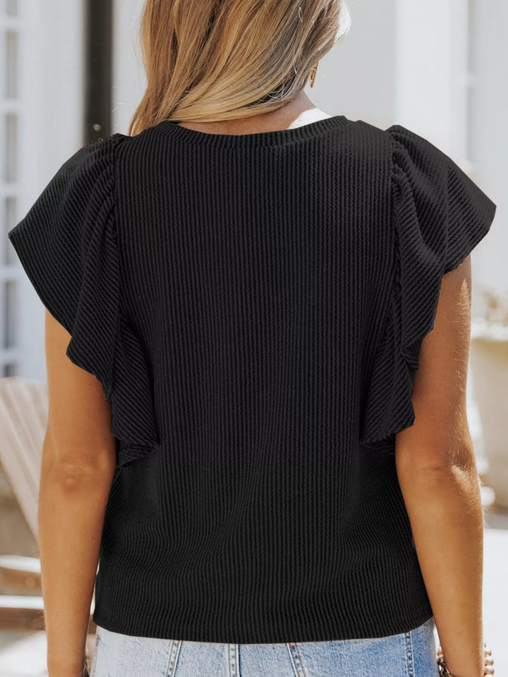 Ruffled Sleeve Ribbed Knit Tee
