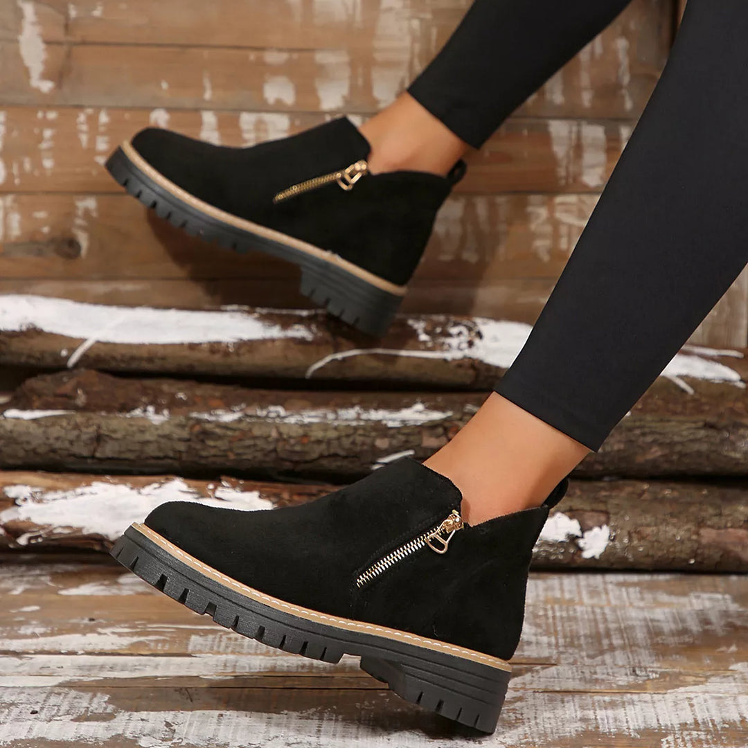 Side-Zip Suede Ankle Boots with Mid Heel