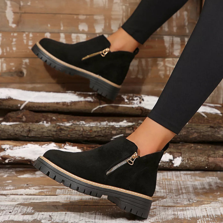 Side-Zip Suede Ankle Boots with Mid Heel