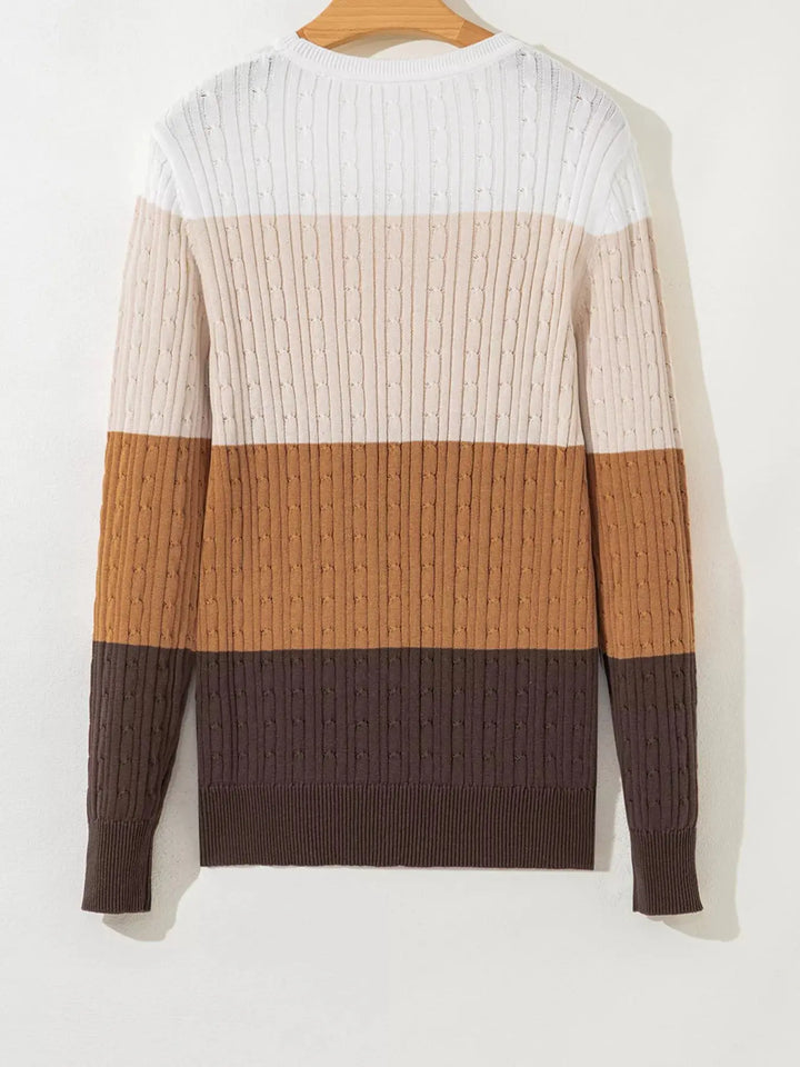Colorblock Cable Knit Sweater | Round Neck Cozy Knit Top