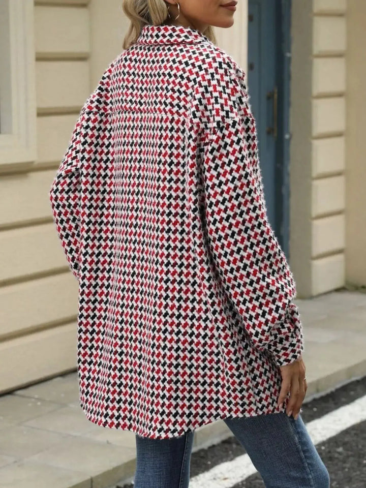 Houndstooth Longline Coat | Button-Up Long Sleeve Jacket