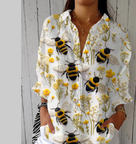 3D Floral Print Lapel Blouse | Stretch Cardigan Top