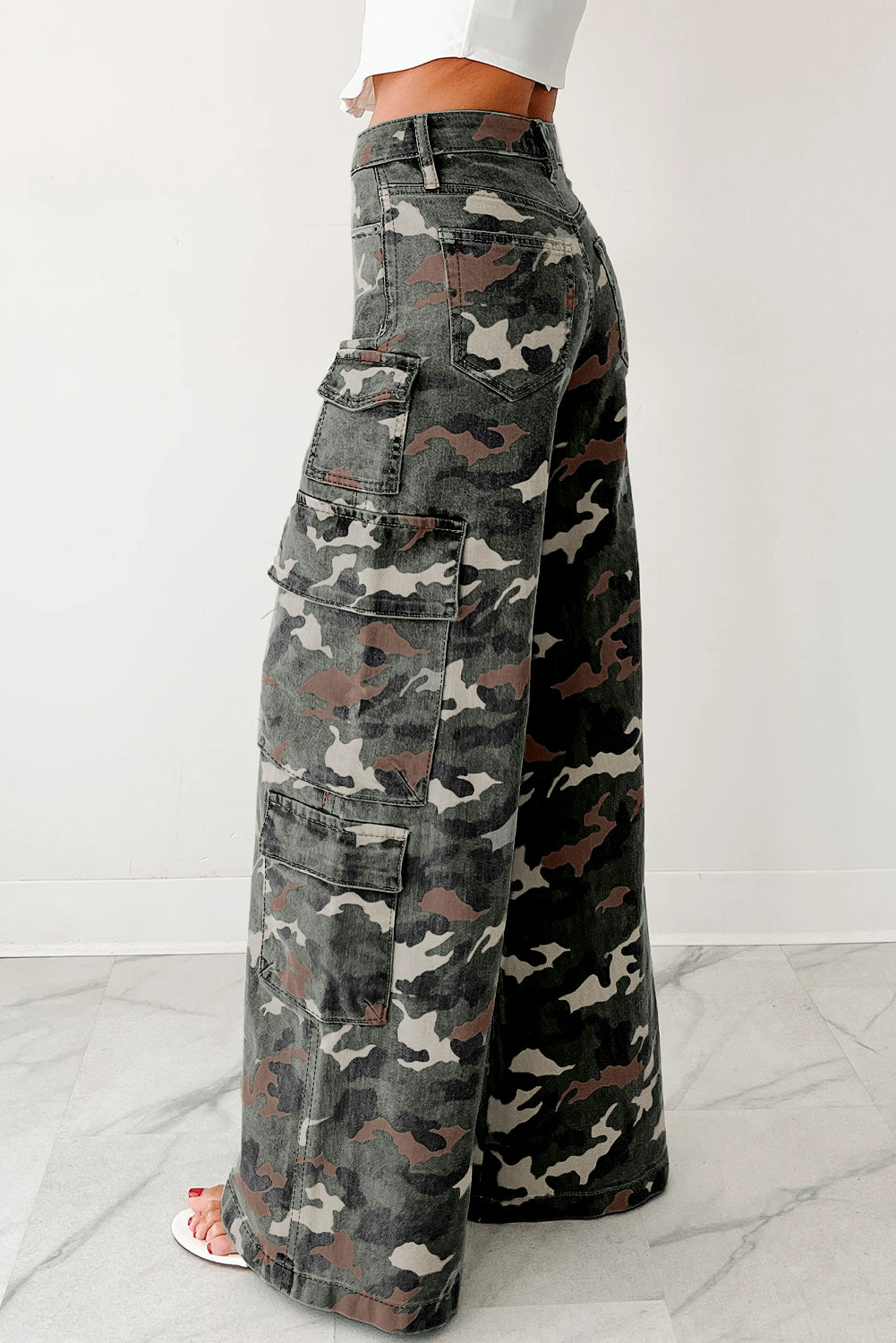 Camo Denim Cargo Wide Leg Pants
