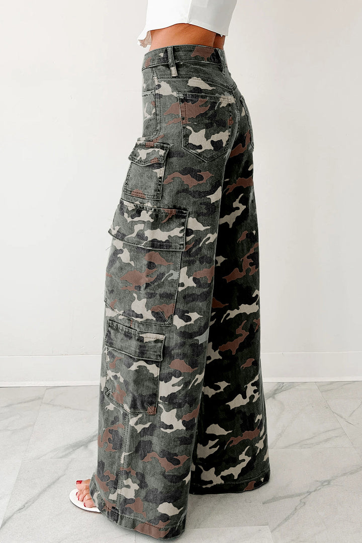 Camo Denim Cargo Wide Leg Pants