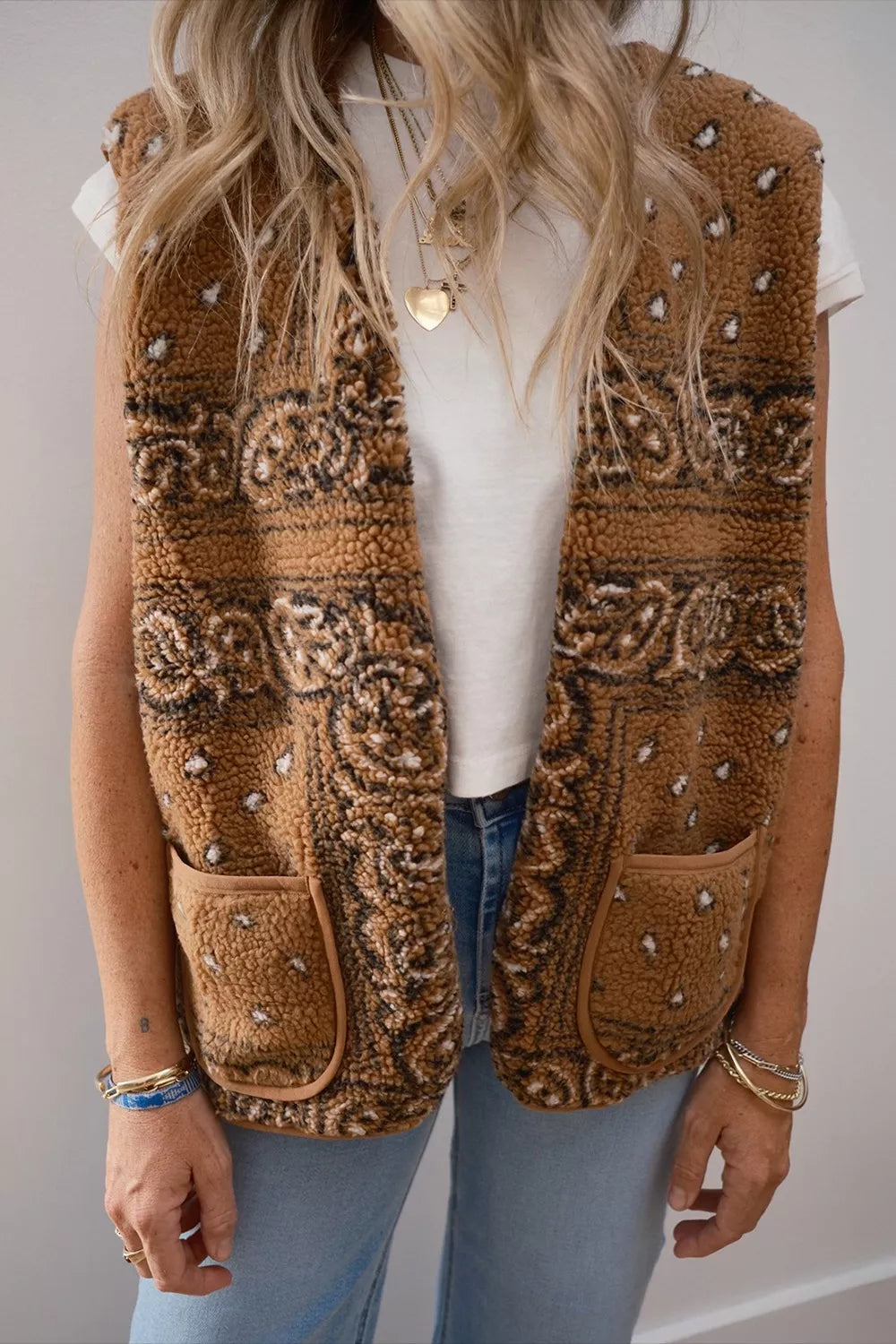 Caramel Open-Front Fleece Vest with Pockets