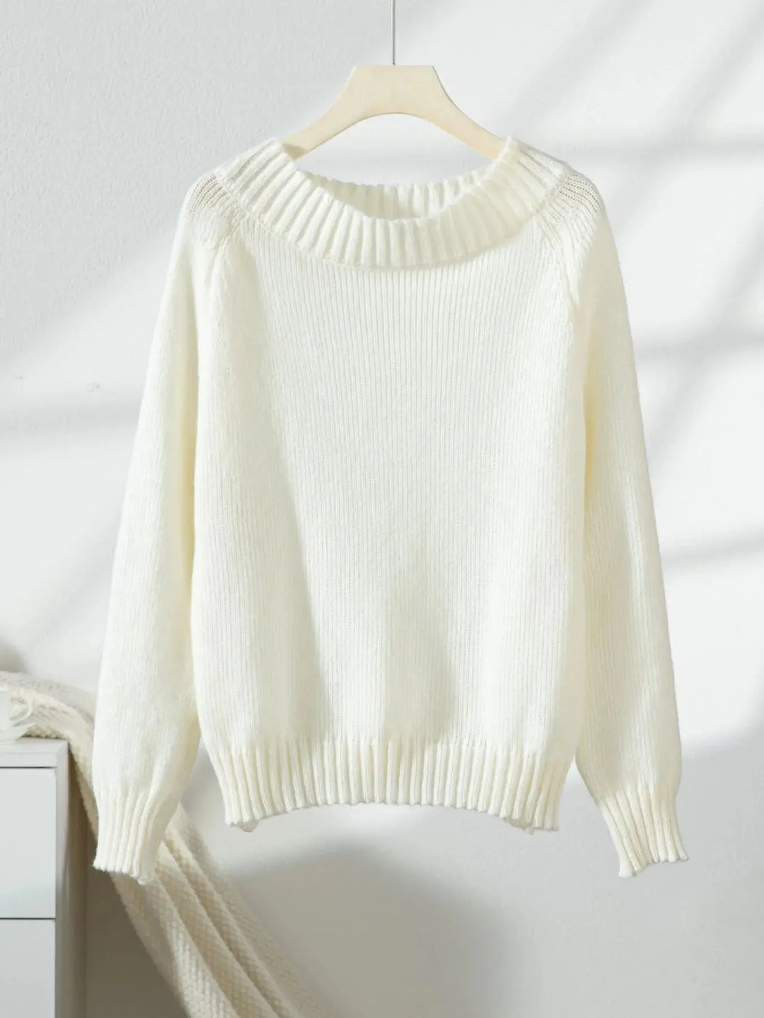 White Ribbed Knit Boat Neck Sweater