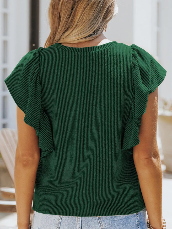 Ruffled Sleeve Ribbed Knit Tee