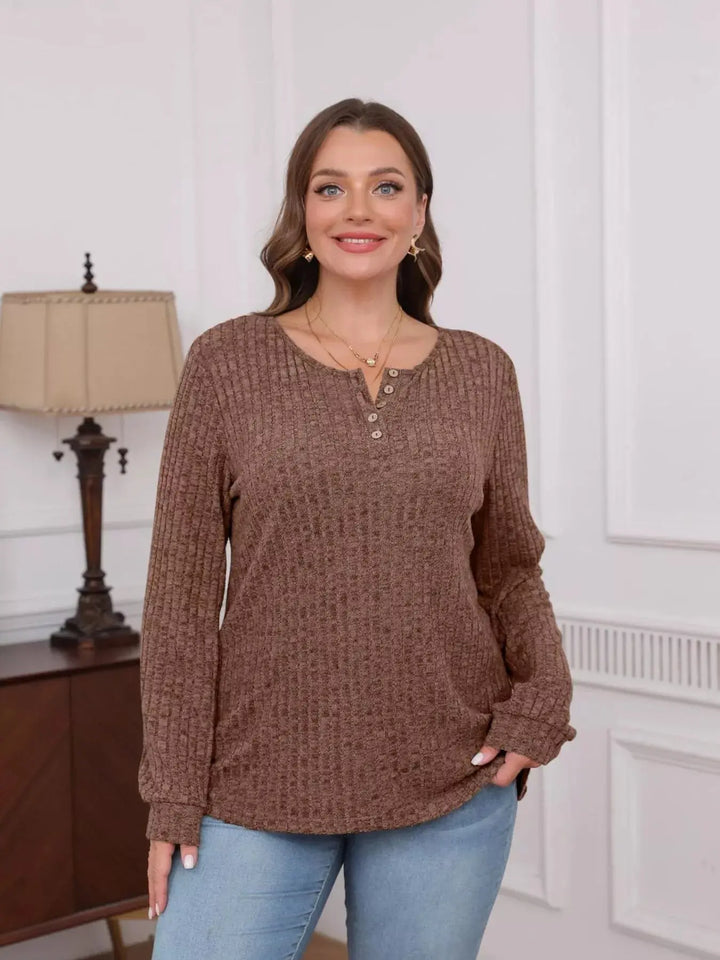 Ribbed Knit Button-Front Long Sleeve Top