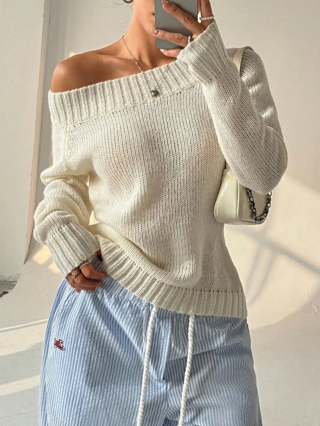 White Ribbed Knit Boat Neck Sweater
