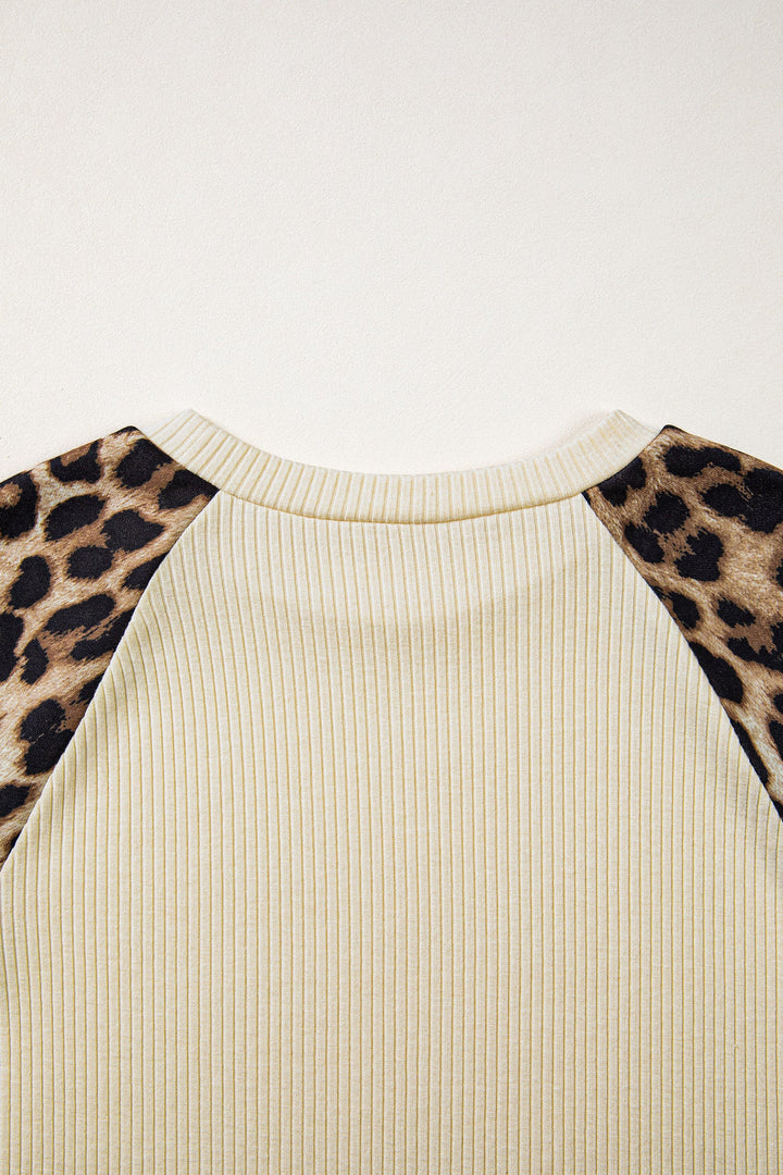 Leopard Contrast Sleeve Ribbed Knit Tee