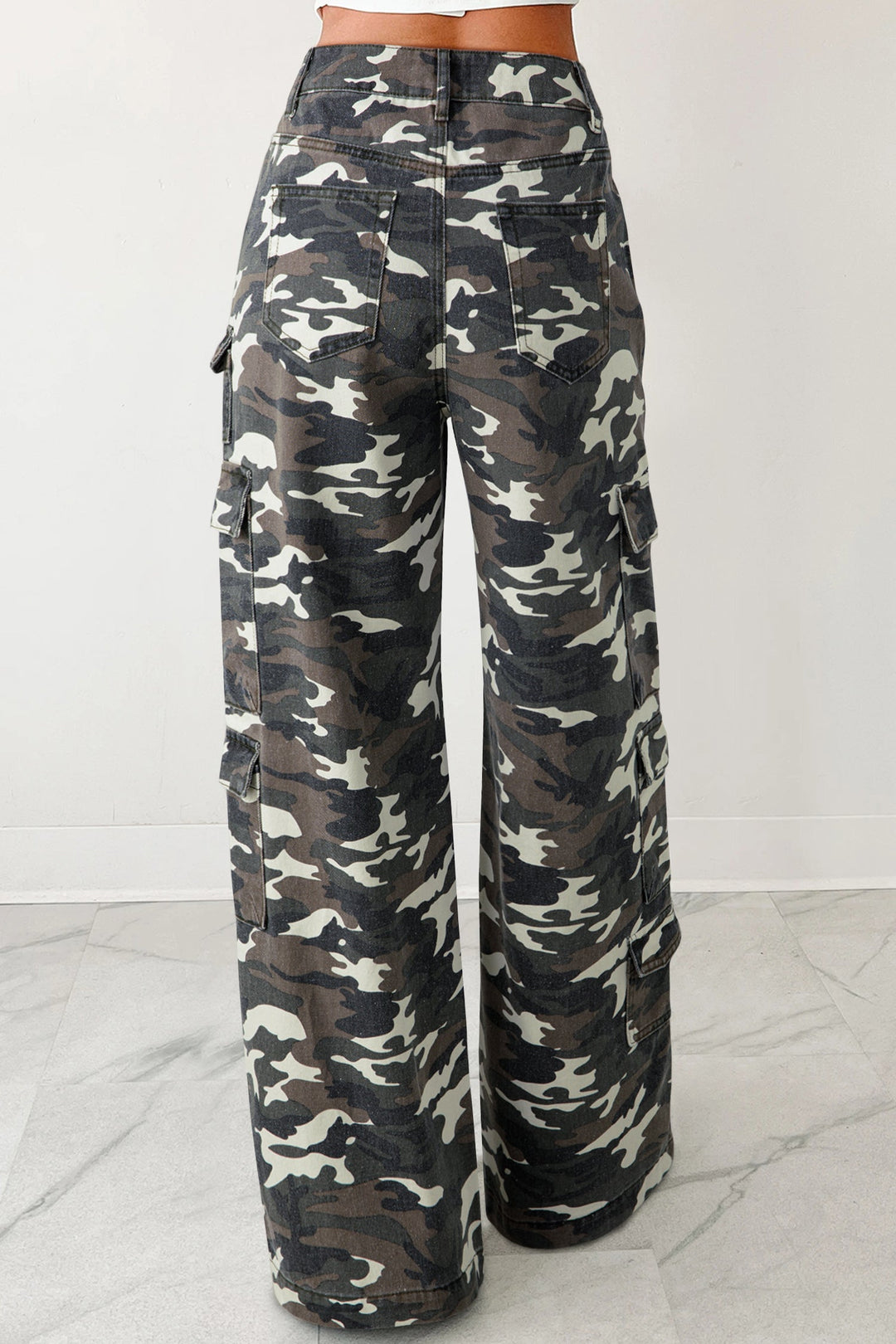 Camo Denim Cargo Wide Leg Pants