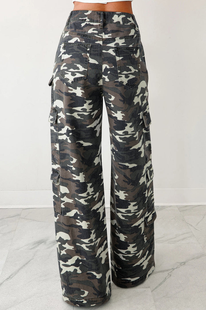 Camo Denim Cargo Wide Leg Pants