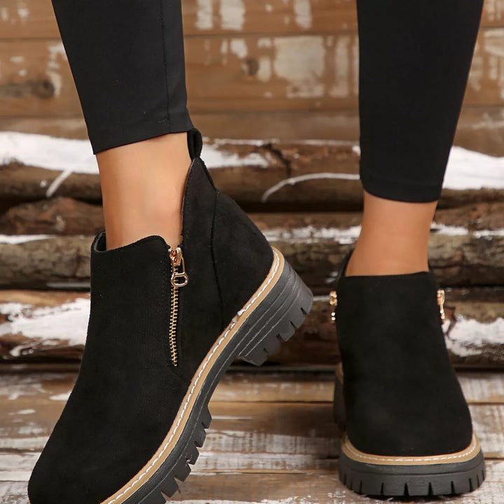 Side-Zip Suede Ankle Boots with Mid Heel