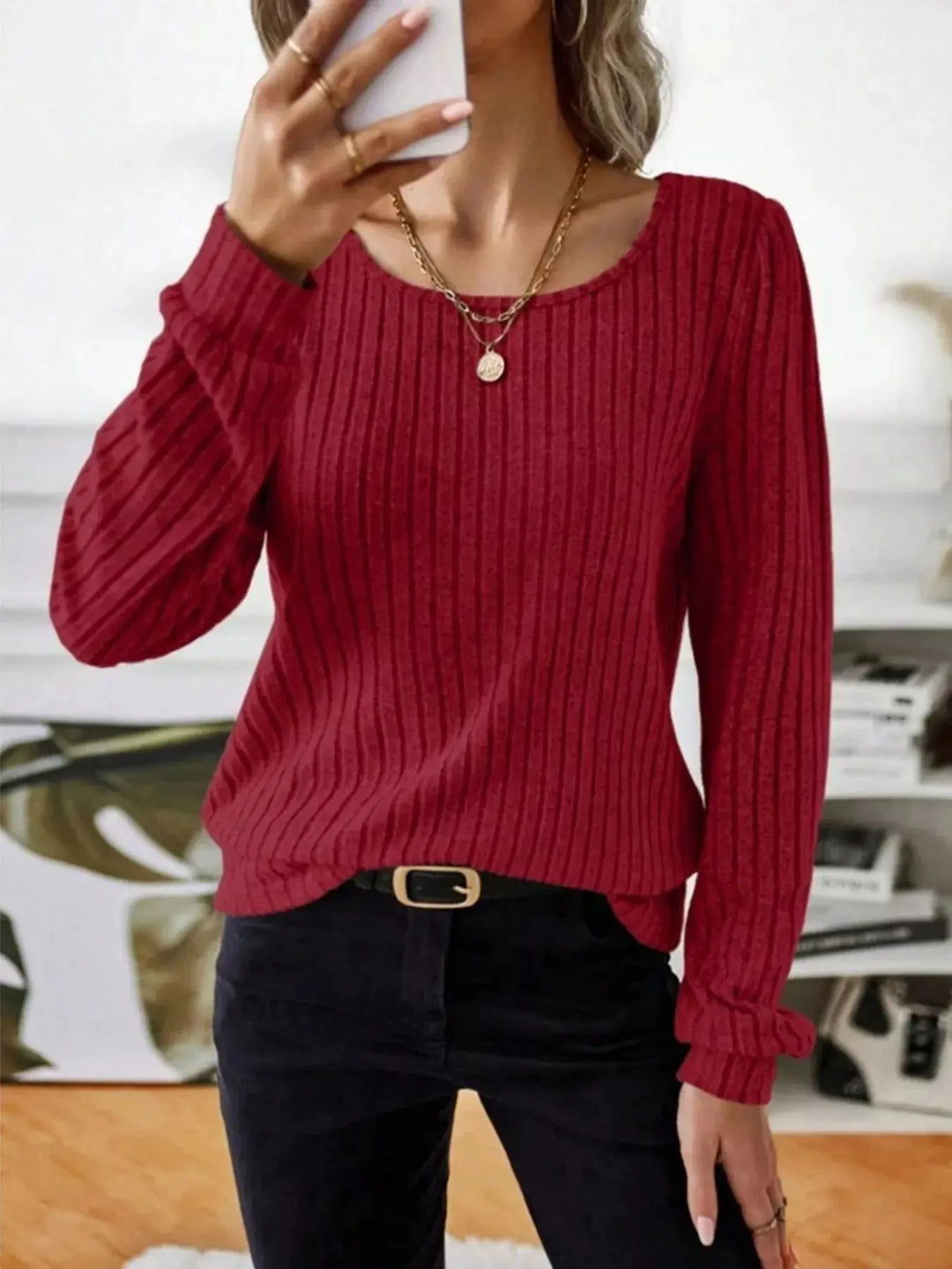 Ribbed Knit Puff Shoulder Long Sleeve Top