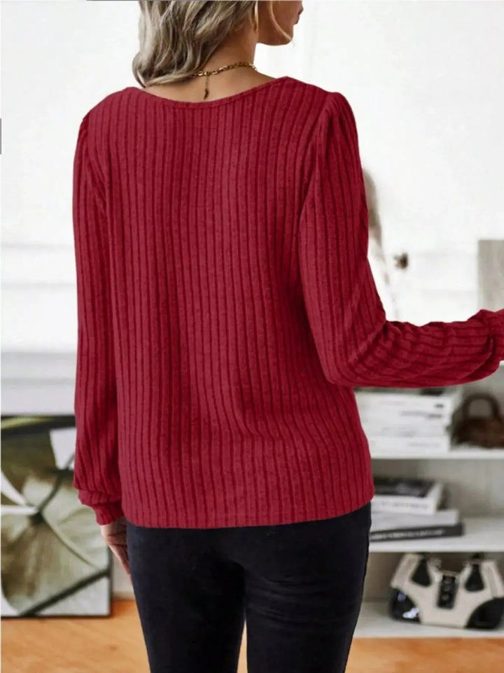 Ribbed Knit Puff Shoulder Long Sleeve Top
