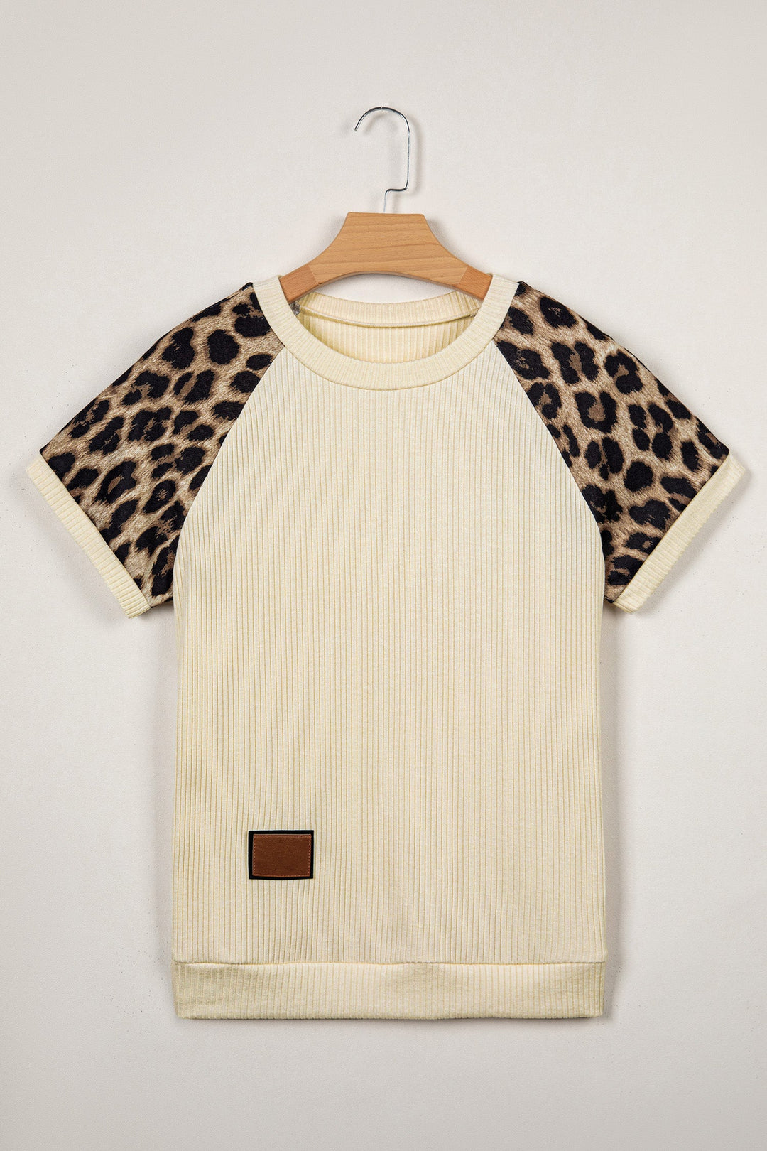 Leopard Contrast Sleeve Ribbed Knit Tee