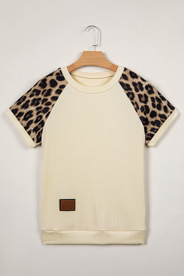Leopard Contrast Sleeve Ribbed Knit Tee