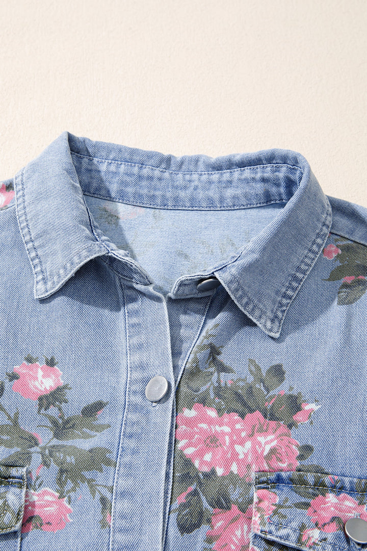 Floral Denim Cuffed Sleeve Dress