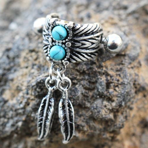Turquoise &amp; Feather Cartilage Cuff Earring | Black-Plated 316L Steel