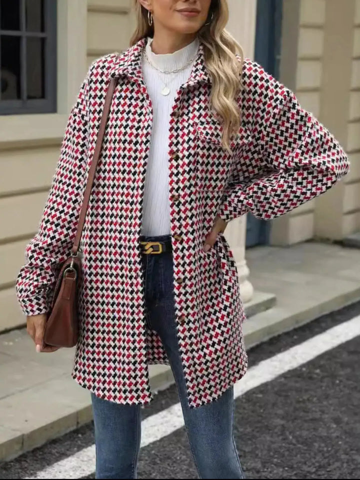 Houndstooth Longline Coat | Button-Up Long Sleeve Jacket