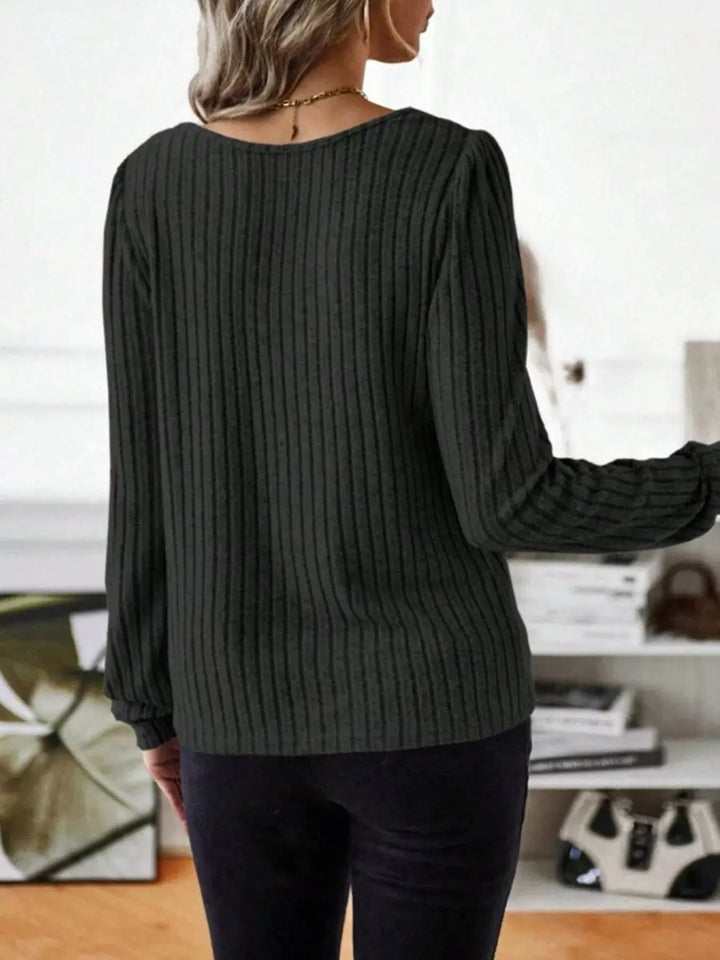 Ribbed Knit Puff Shoulder Long Sleeve Top