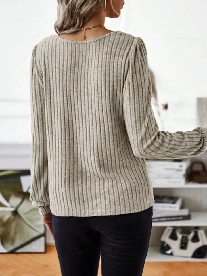 Ribbed Knit Puff Shoulder Long Sleeve Top
