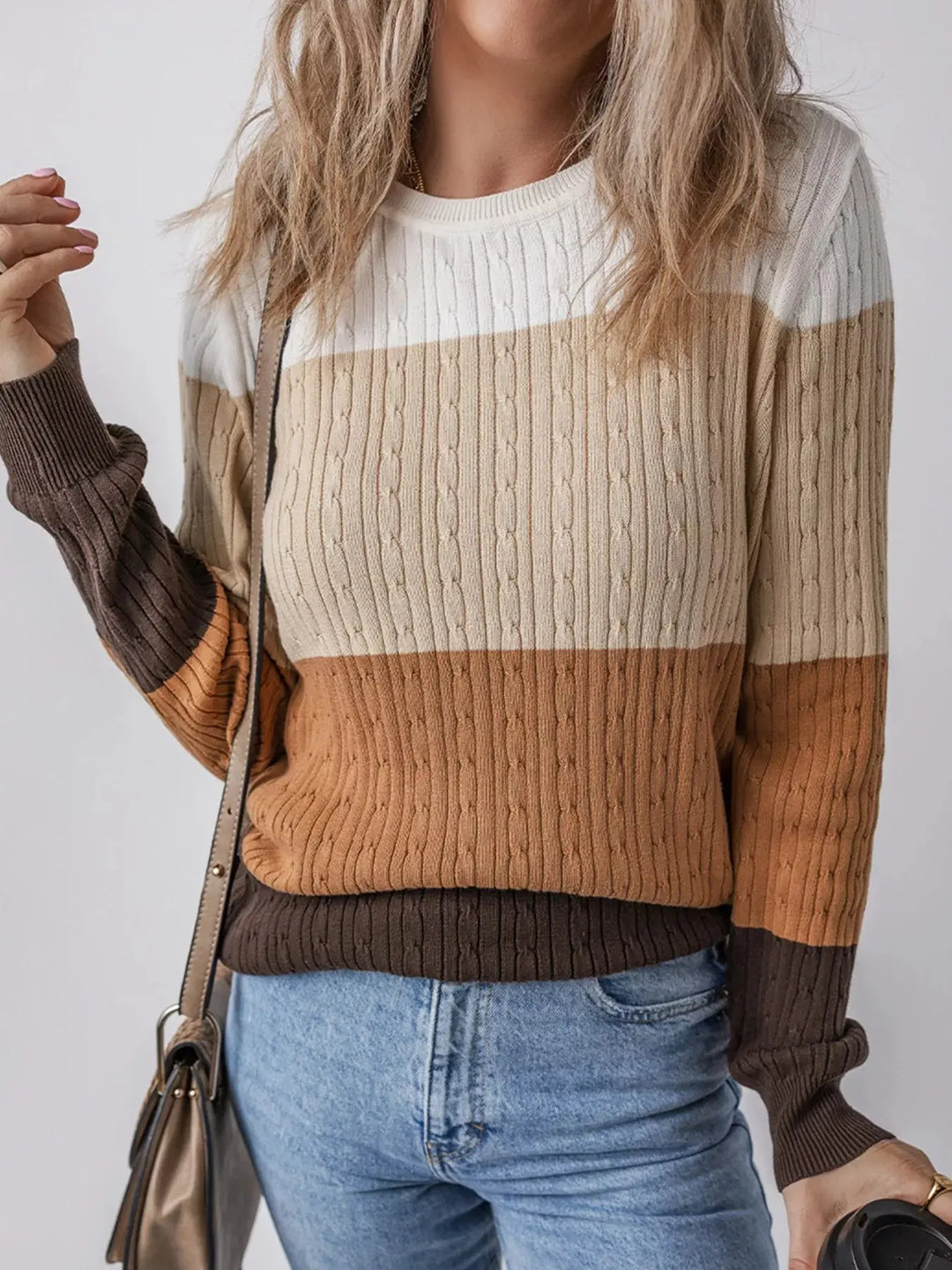 Colorblock Cable Knit Sweater | Round Neck Cozy Knit Top