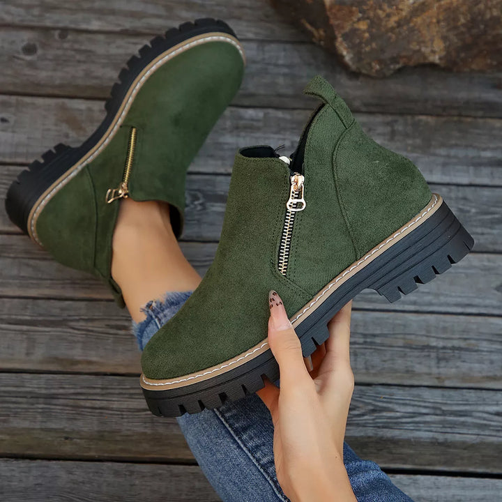 Faux-Fur-Lined Suede Ankle Boots with Zipper Detail