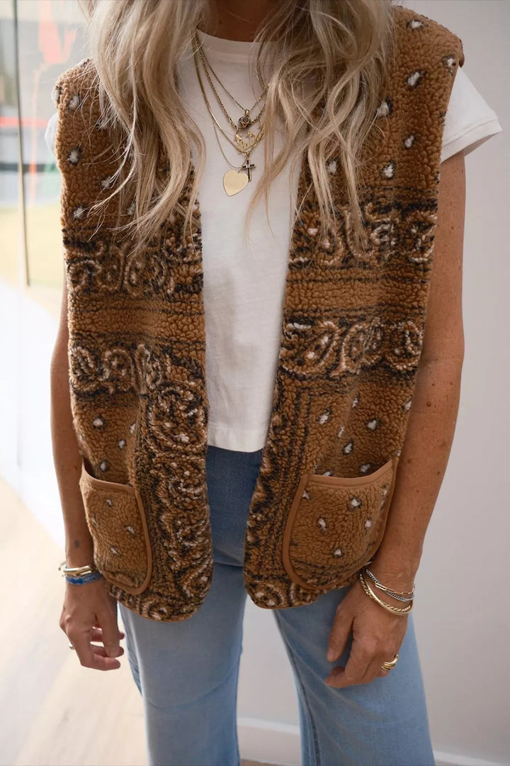 Caramel Open-Front Fleece Vest with Pockets