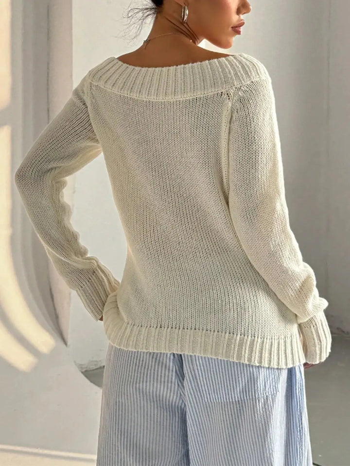 White Ribbed Knit Boat Neck Sweater