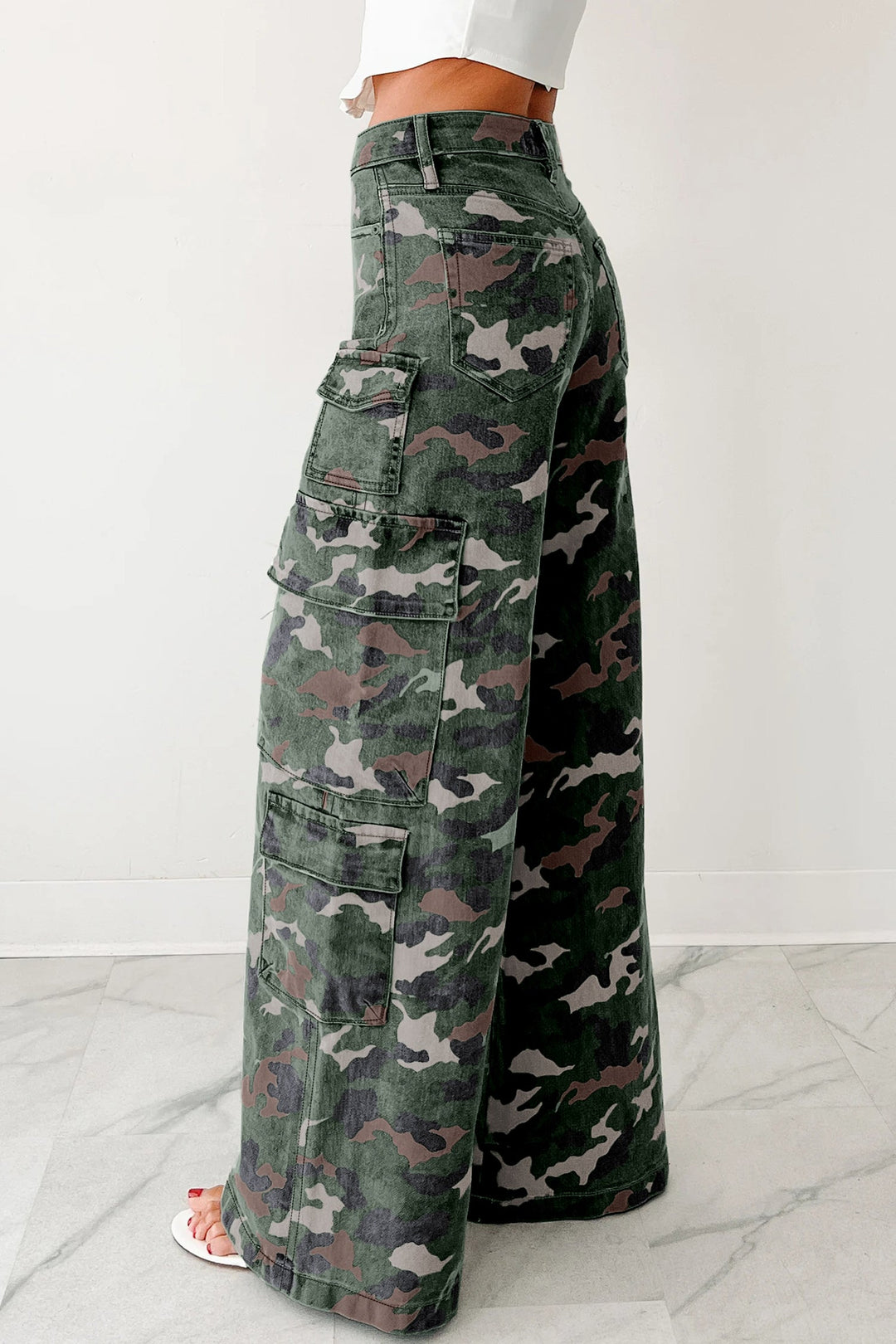 Camo Denim Cargo Wide Leg Pants