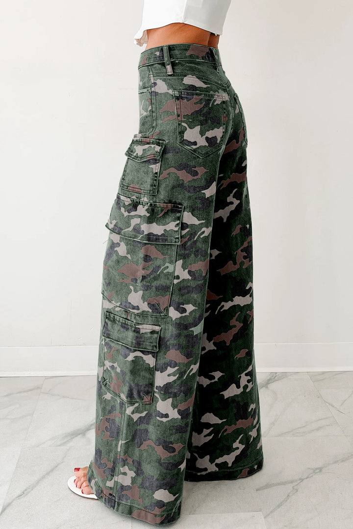 Camo Denim Cargo Wide Leg Pants