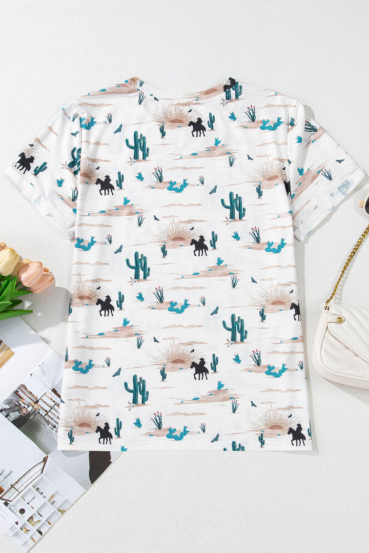 Western Cactus Crew Neck Short Sleeve Top