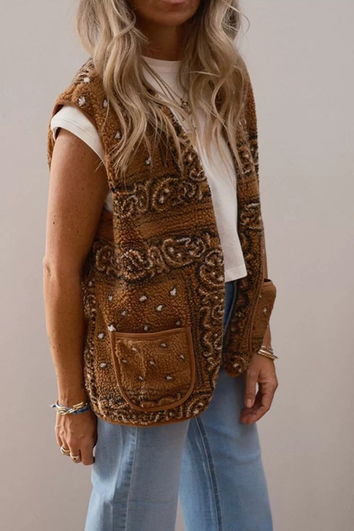 Caramel Open-Front Fleece Vest with Pockets