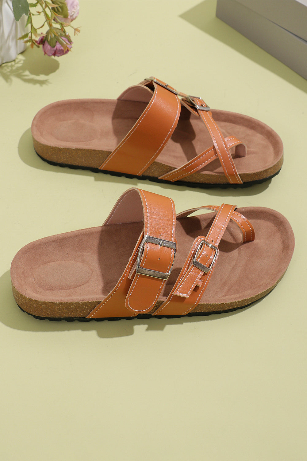 Karla Toe Ring Outdoor Slippers | Faux Suede Adjustable Strap | Camel