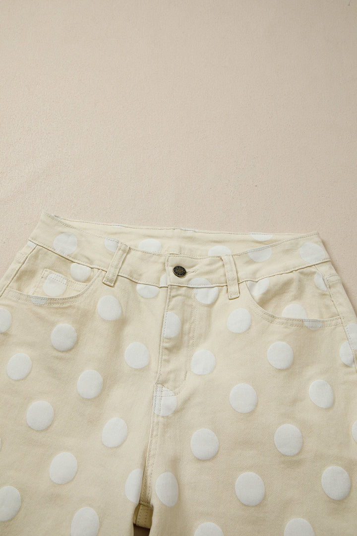 Polka Dot Denim Raw Hem High Waist Jeans