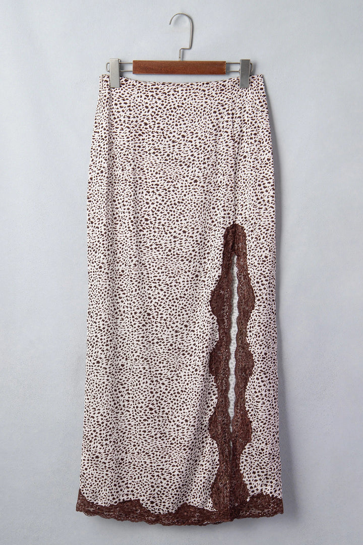 Cheetah Print Lace Trim High-Split Maxi Skirt