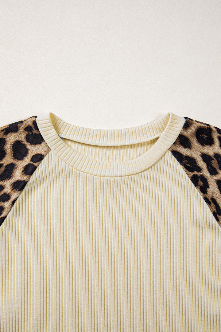Leopard Contrast Sleeve Ribbed Knit Tee