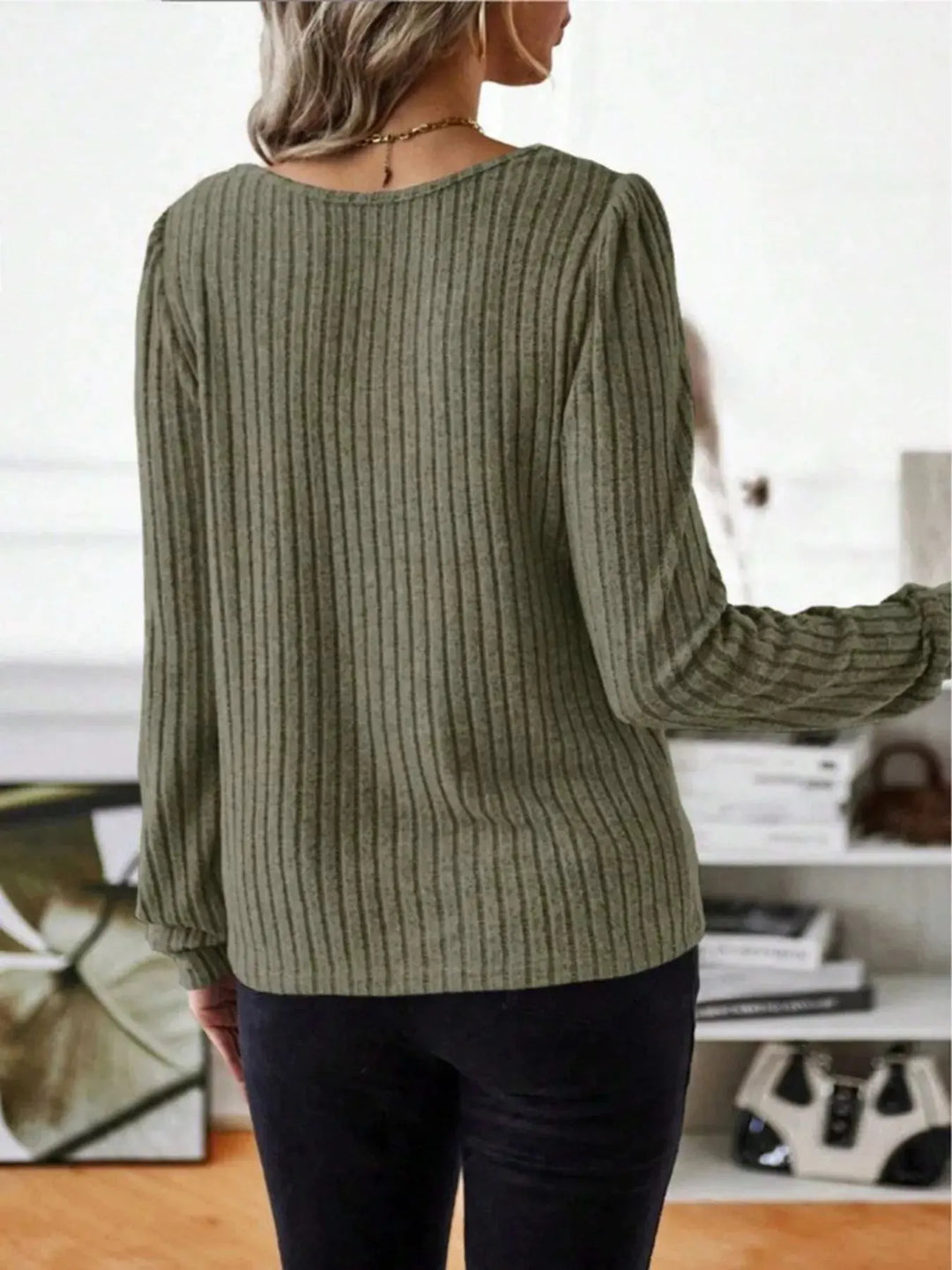 Ribbed Knit Puff Shoulder Long Sleeve Top