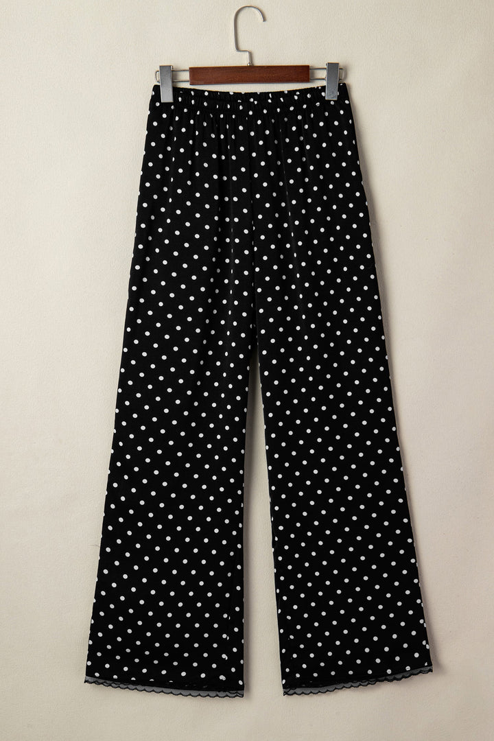 Polka Dot Elastic Waist Lace Hem Pants
