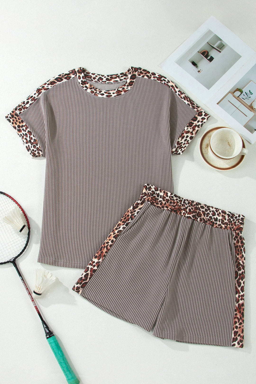 Leopard Trim Corded Top &amp; Shorts Set