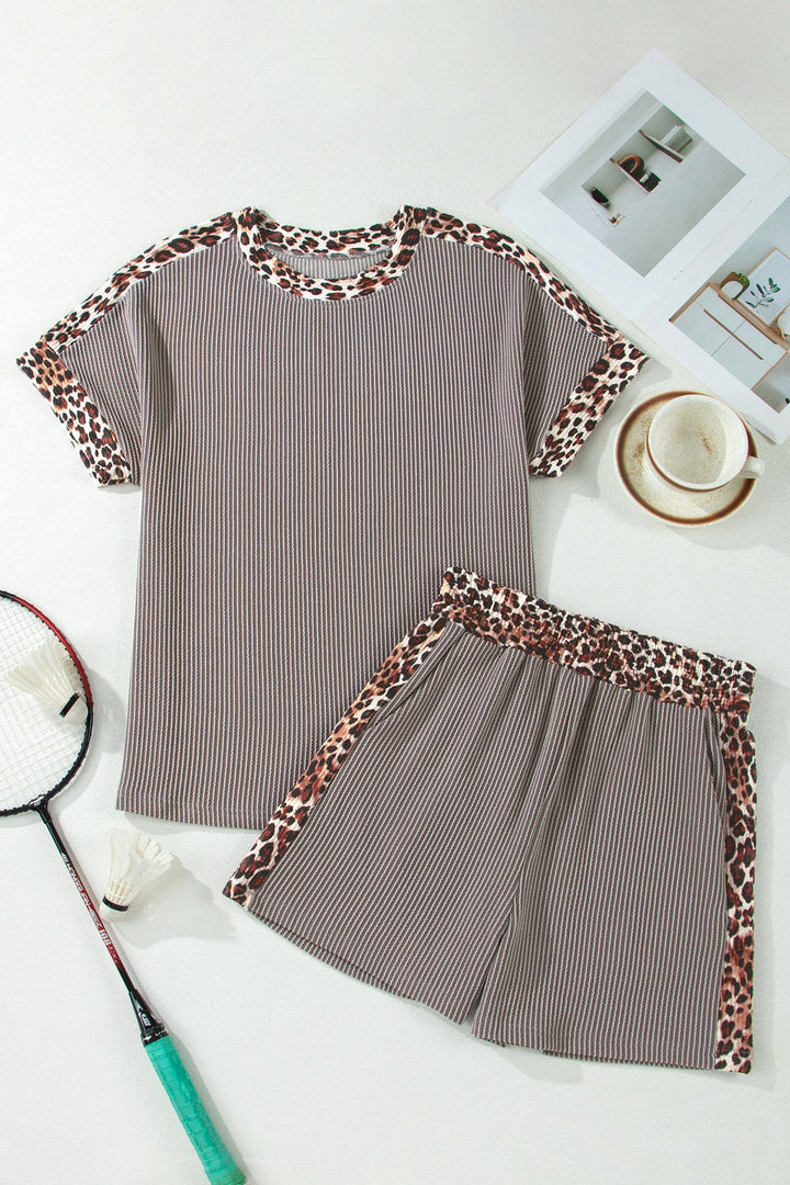 Leopard Trim Corded Top &amp; Shorts Set