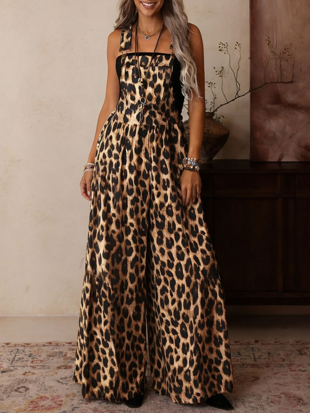 Leopard Print Wide Leg Overalls