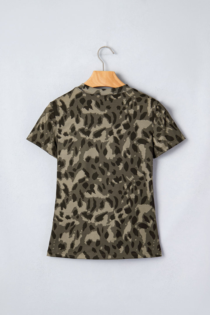 Leopard Print Mock Neck Slim Tee | Retro Western Boho Top