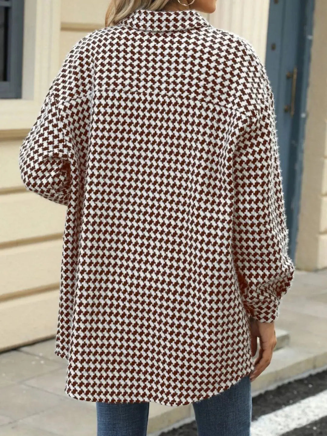 Houndstooth Longline Coat | Button-Up Long Sleeve Jacket