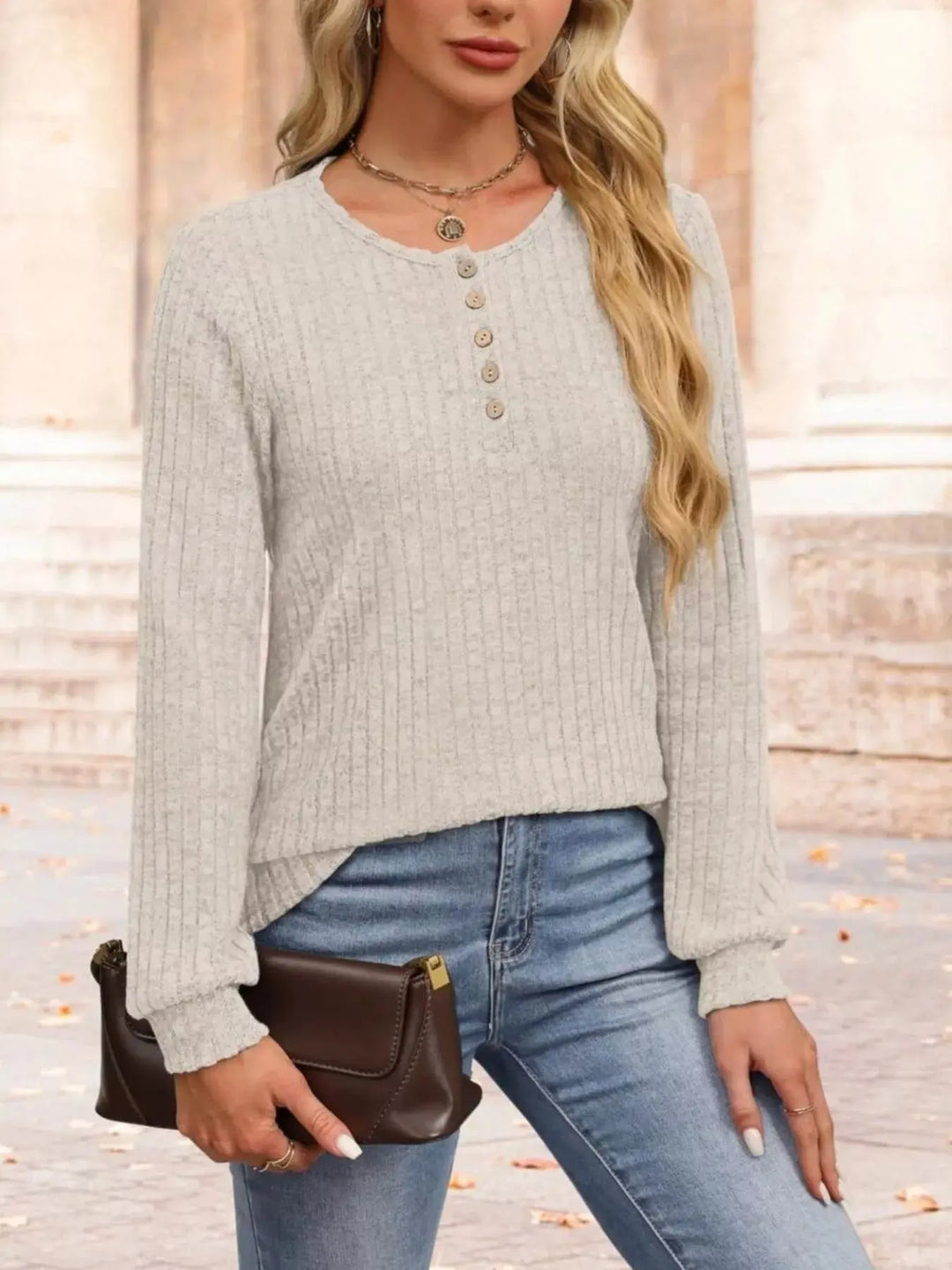 Ribbed Knit Button-Front Long Sleeve Top