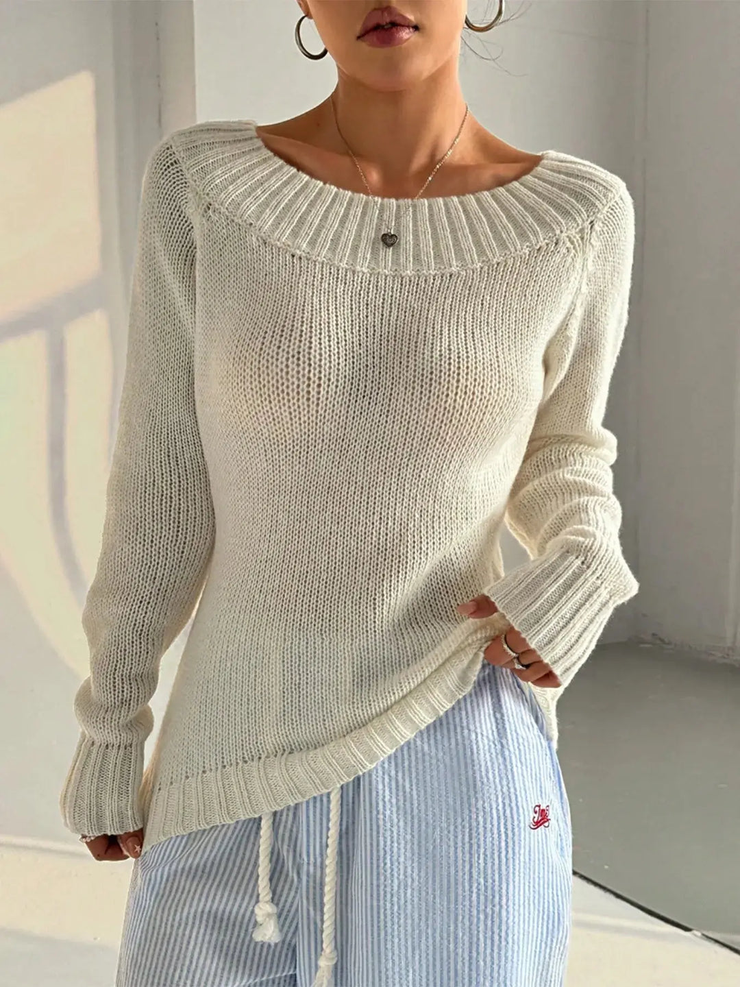 White Ribbed Knit Boat Neck Sweater
