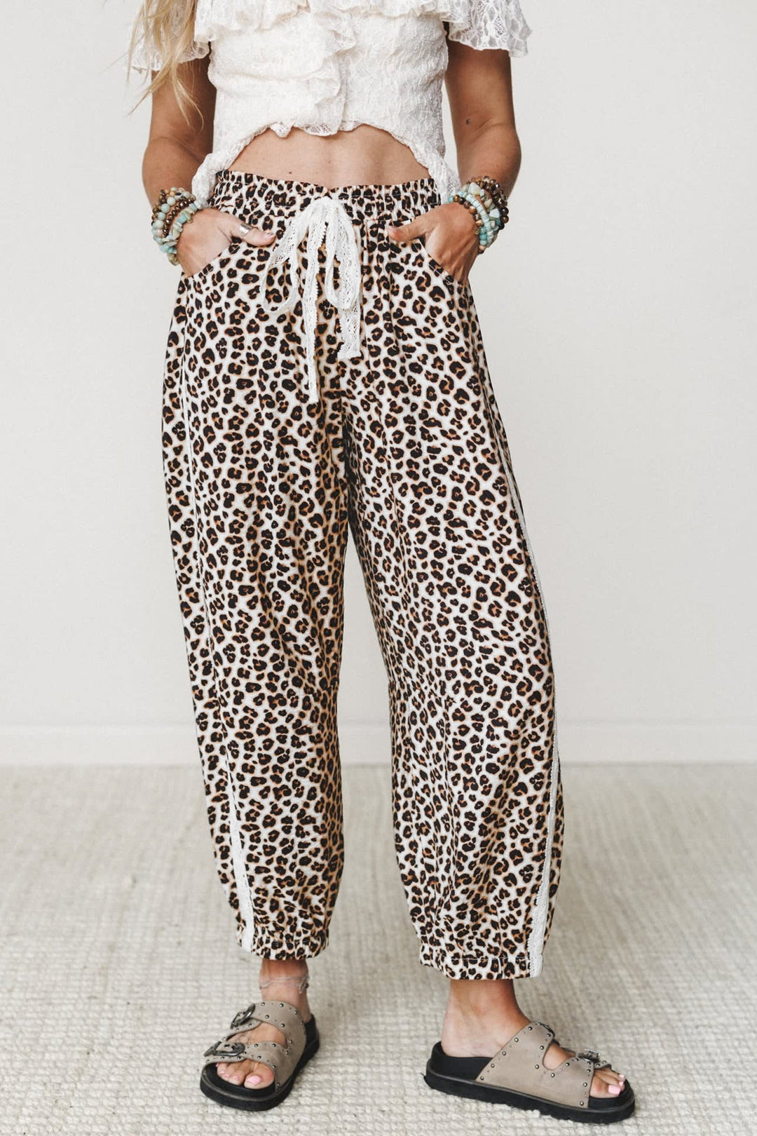 Leopard Print Jogger Pants with Elastic Waist &amp; Side Stripe