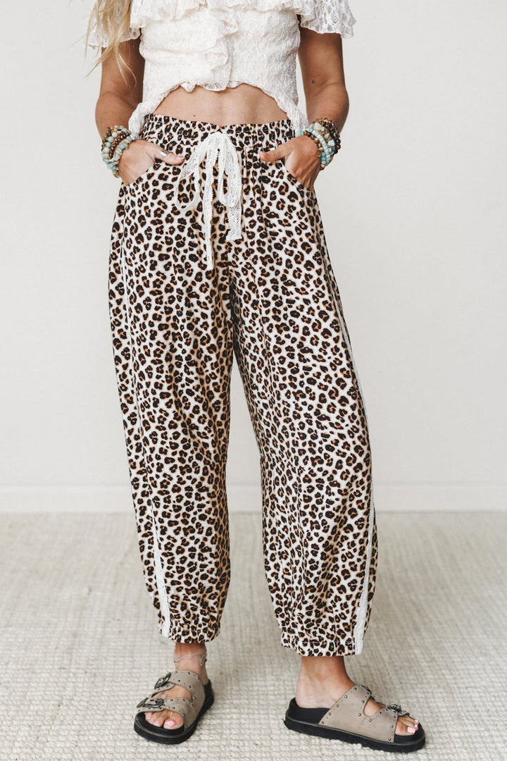 Leopard Print Jogger Pants with Elastic Waist &amp; Side Stripe