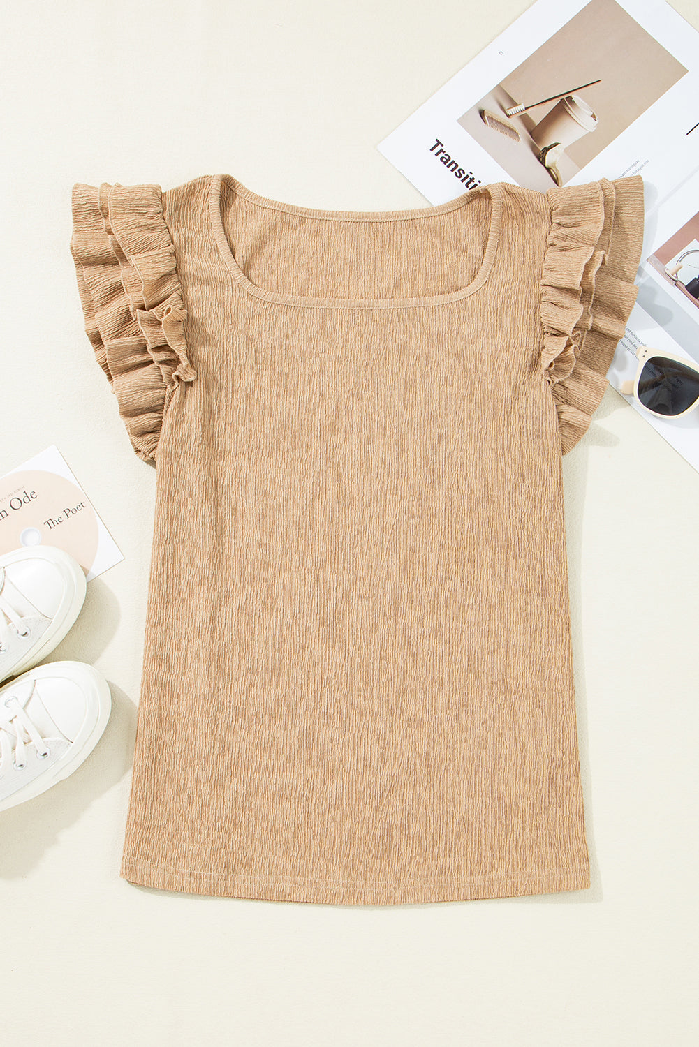 Square Neck Textured Ruffle Sleeve Blouse